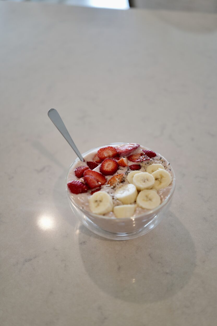 picture of a protein smoothie bowl on a kitchen counter