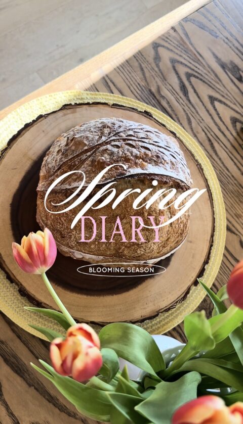 spring diary text over a photo of beautiful sourdough bread and tulips
