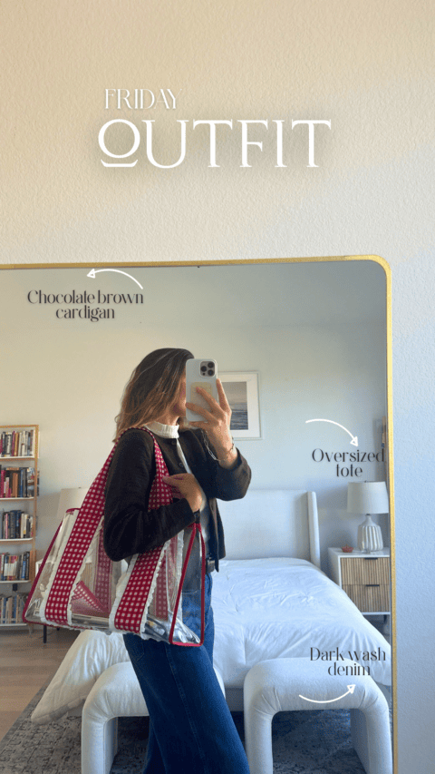 mirror selfie of a woman wearing a brown cardigan, dark wash denim, and a red gingham tote